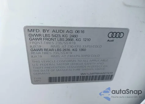 2017 Audi Q5 2.0T Premium from USA, damaged, VIN WA1L2AFP8HA007439